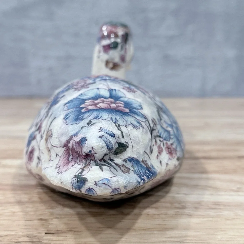 Vintage Floral Chintz Duck‎ Figurine Decoupage Mallard Decoy Blue Pink Botanical